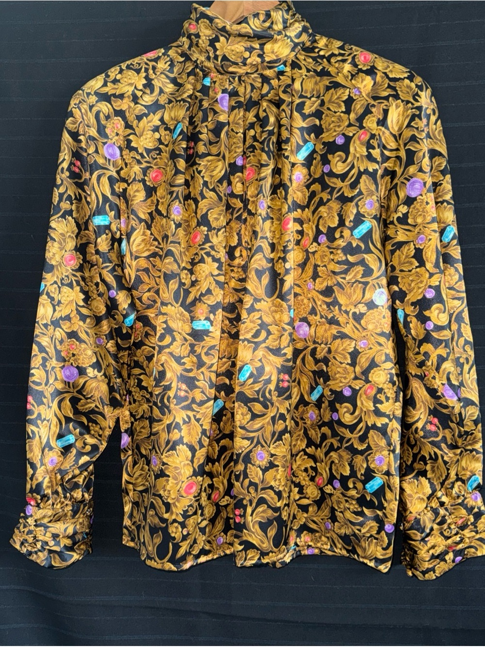 Tess Black Gold Jewel Baroque Long Sleeve Turtleneck Blouse Top Vintage 10